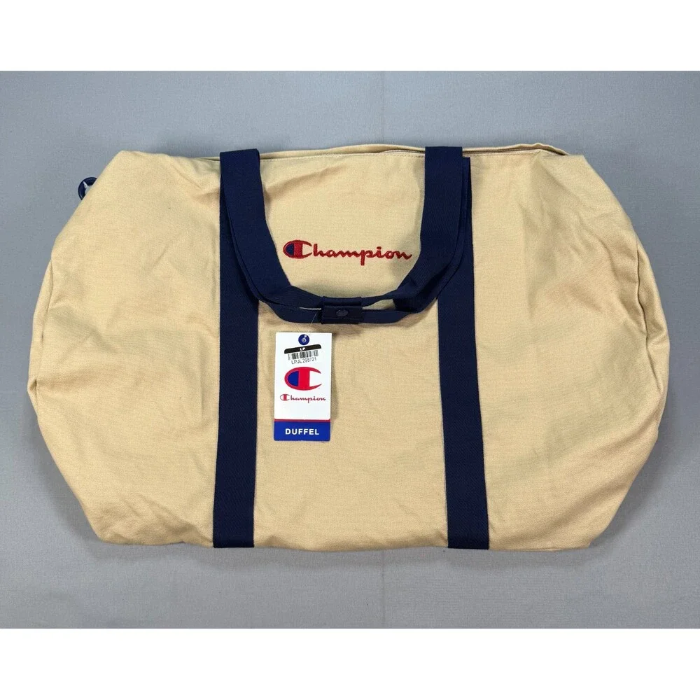NWT Champion Canvas Duffel Bag Men's Large Tan Embroidered Logo Outdoor Gym